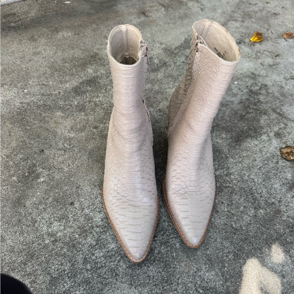 Matisse Croc-Embossed Pointed Ankle Boots in Light Taupe